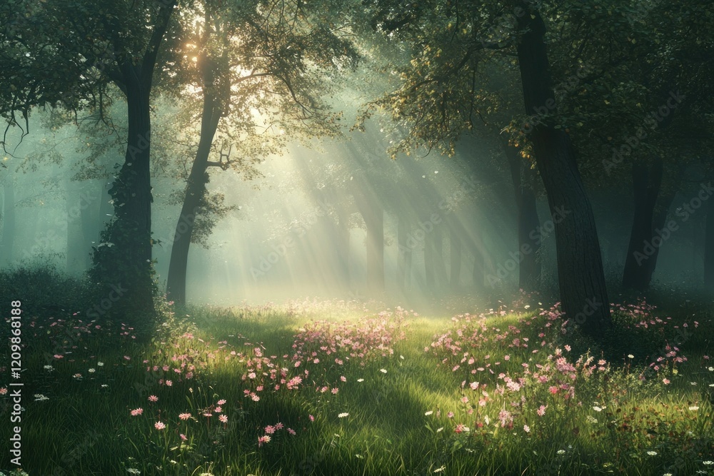 Obraz premium A misty forest at dawn sunlight trees landscape