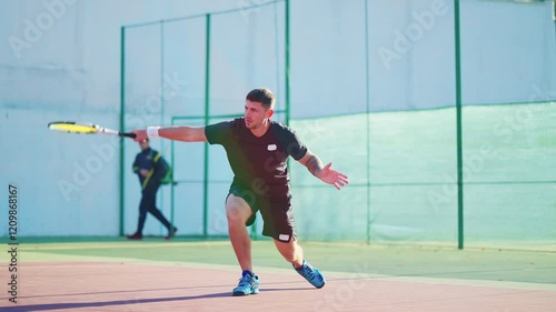 Man playing tennis on court outdoors.