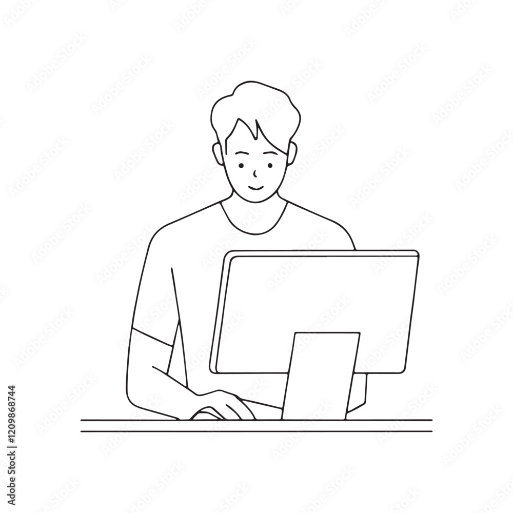 computer typing line art vector design isolated on white background. minimalistic man with laptop line art design. computer typing line art vector design isolated on white background. minimalistic man with laptop line art design.