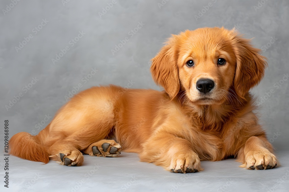 Adorable Golden Retriever Puppy Relaxing in Studio Gray Background Adorable Golden Retriever Puppy Relaxing in Studio Gray Background