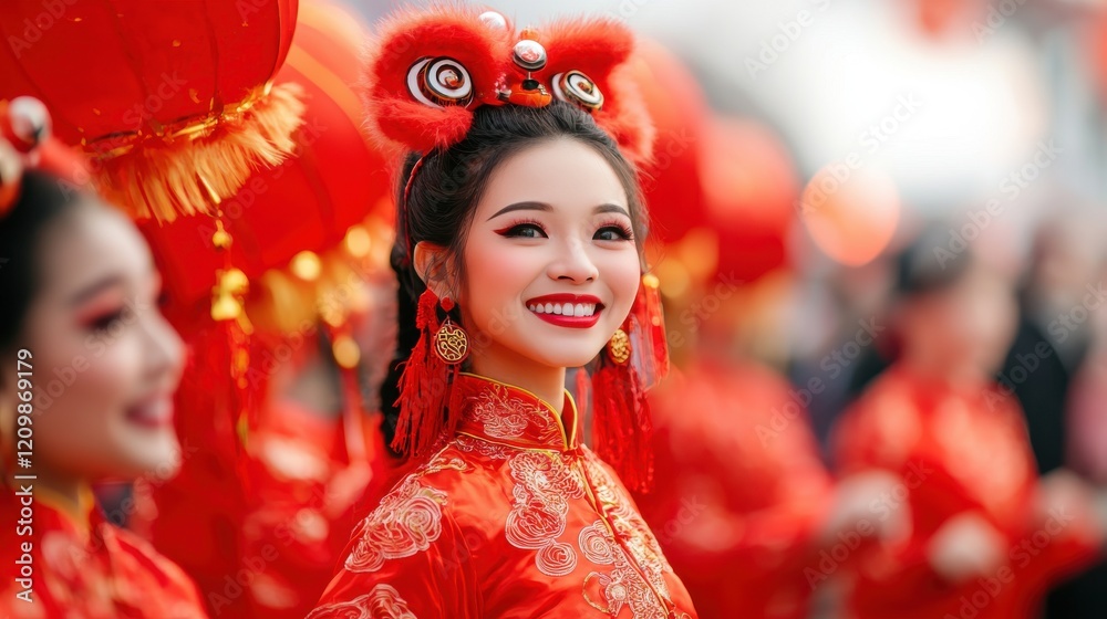 Vibrant Chinese New Year with Festive Dancers in Traditional Costumes Vibrant Chinese New Year with Festive Dancers in Traditional Costumes