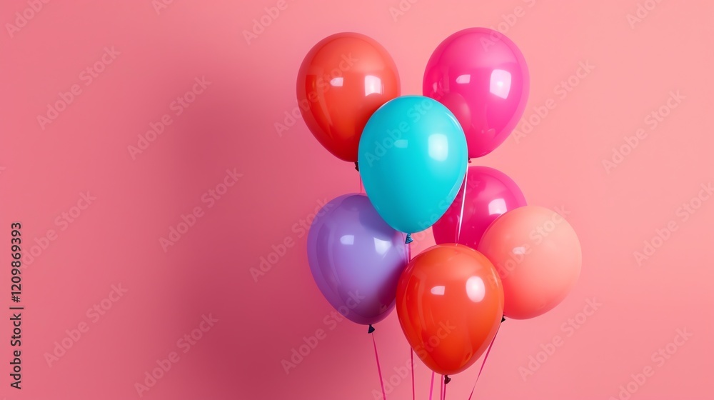 A bunch of colorful balloons on a pink background.