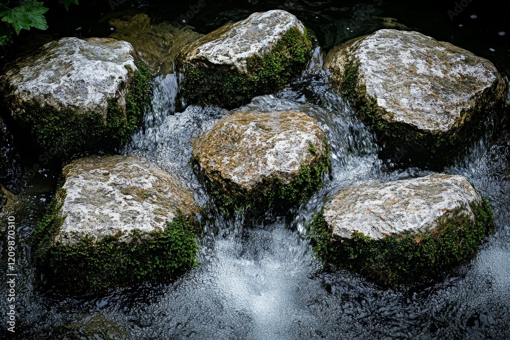 Flowing water cascades over rocks covered in moss in a tranquil natural setting Flowing water cascades over rocks covered in moss in a tranquil natural setting