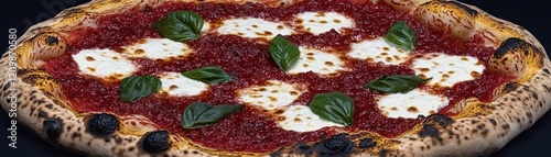 Delicious Margherita pizza, rustic crust, basil topping, dark background. Food photography photo