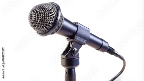 Microphone isolated with stand, seen from an angle isolated on a white background photo