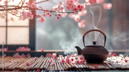 Traditional cast iron teapot emitting steam on a bamboo mat surrounded by delicate pink cherry blossoms, with soft sunlight filtering through a window in the background.