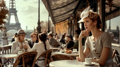 Elegant woman in vintage attire sitting at an outdoor Parisian café, sipping coffee and surrounded by classic wicker chairs, with the Eiffel Tower visible in the background.
