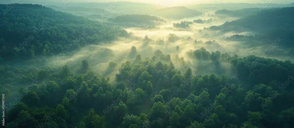 Aerial View of Misty Forest at Sunrise with Sunlight Filtering Through Trees Creating a Serene and Mystical Atmosphere in a Lush Green Landscape Aerial View of Misty Forest at Sunrise with Sunlight Filtering Through Trees Creating a Serene and Mystical Atmosphere in a Lush Green Landscape