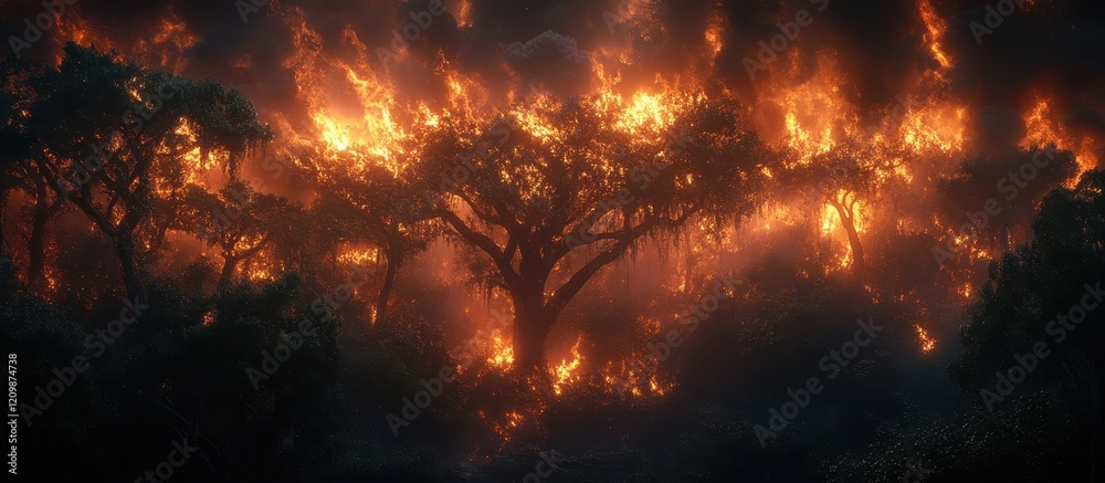 Dramatic Forest Fire Scene with Intense Flames Engulfing Trees at Night in a Dense Woodland Setting Dramatic Forest Fire Scene with Intense Flames Engulfing Trees at Night in a Dense Woodland Setting