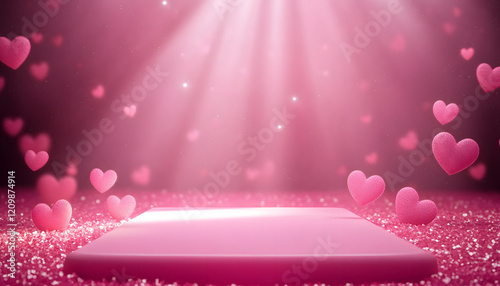 Pink Podium Background for product symbols of love, valentines day 3d. Valentines Day Pink Podium With Hearts With Gradient Mesh