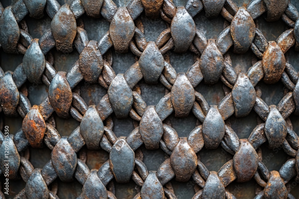 Detailed close-up of intricate metal chain link pattern showing rust and wear in an industrial setting Detailed close-up of intricate metal chain link pattern showing rust and wear in an industrial setting