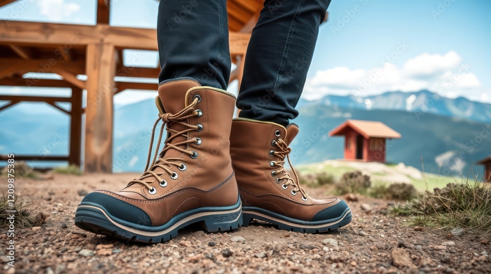 A close-up of a pair of black leather boots on a mountain, showcasing their shiny, elegant, and military-style design A close-up of a pair of black leather boots on a mountain, showcasing their shiny, elegant, and military-style design