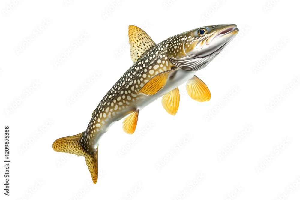 Naklejka premium Detailed northern pike fish with spotted scales, fins and sharp jaw isolated on white transparent background, concept of aquatic life