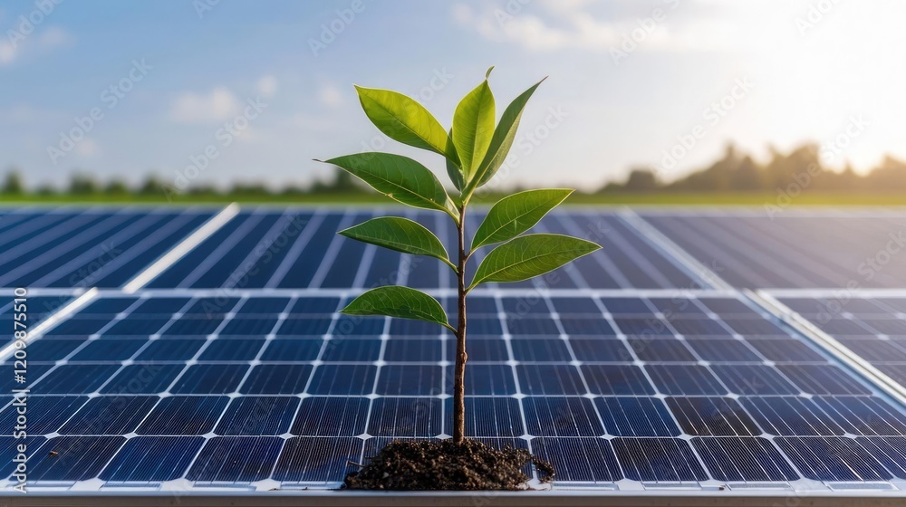 Fototapeta premium Young plant growing on solar panels, sustainable energy, field background