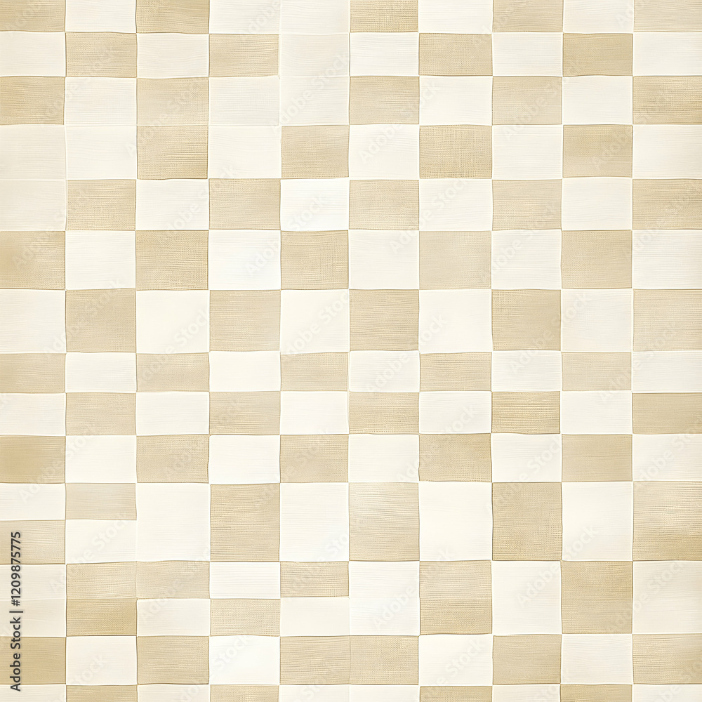 A textured surface features a checkerboard design in various neutral shades of beige and cream. A textured surface features a checkerboard design in various neutral shades of beige and cream.