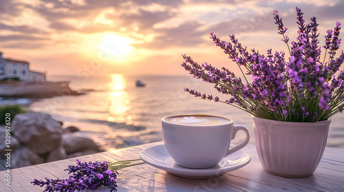 A steaming cup of coffee sits beside a lavender bouquet during sunset by the ocean.