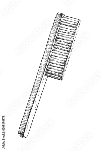 Vector hand-drawn illustration of Beekeepers bee brush. Black and white sketch of tool for beekeeping.
