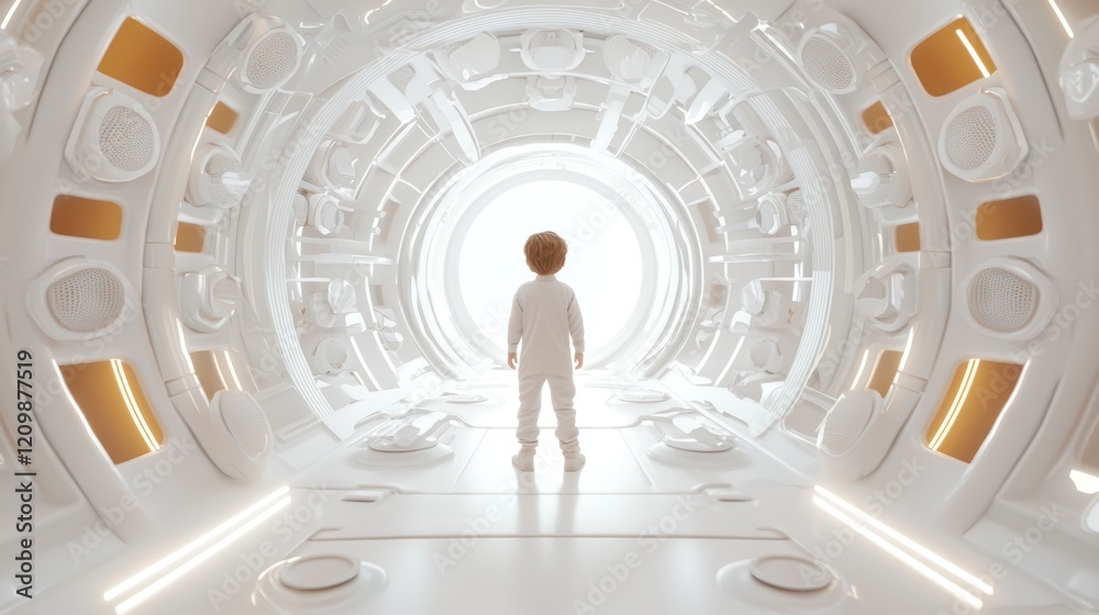 A child stands at the end of a futuristic, white corridor, gazing toward a bright, glowing light, evoking feelings of wonder and exploration. A child stands at the end of a futuristic, white corridor, gazing toward a bright, glowing light, evoking feelings of wonder and exploration.