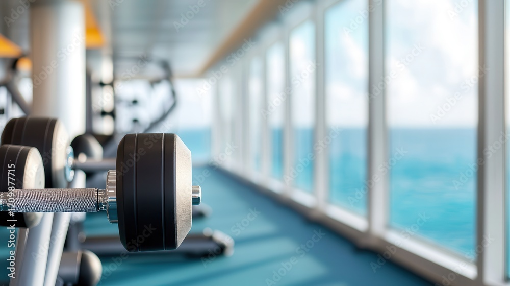 Fototapeta premium Luxury cruises: Elegant adventures at sea. Gym interior with a dumbbell and ocean view in the background.