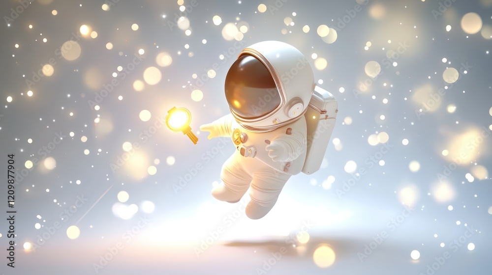 Naklejka premium A whimsical astronaut floats in space, holding a glowing object amidst a backdrop of soft, sparkling lights.