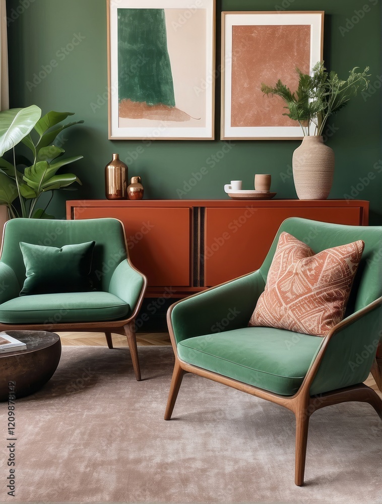 Fototapeta premium Interior design of Earthy Browns living room interior, Kelly Green sideboard, stylish armchair