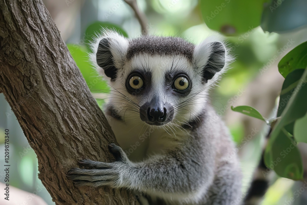Obraz premium Curious Lemur Climbing a Tree in Natural Habitat Captured in High Quality Style