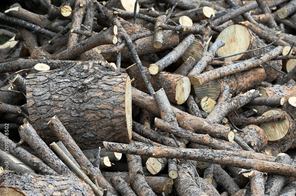 Fototapeta premium tree branches, cut and cleaned tree branches for burning in stoves and fireplaces, cut tree trunks, stove and fireplace wood