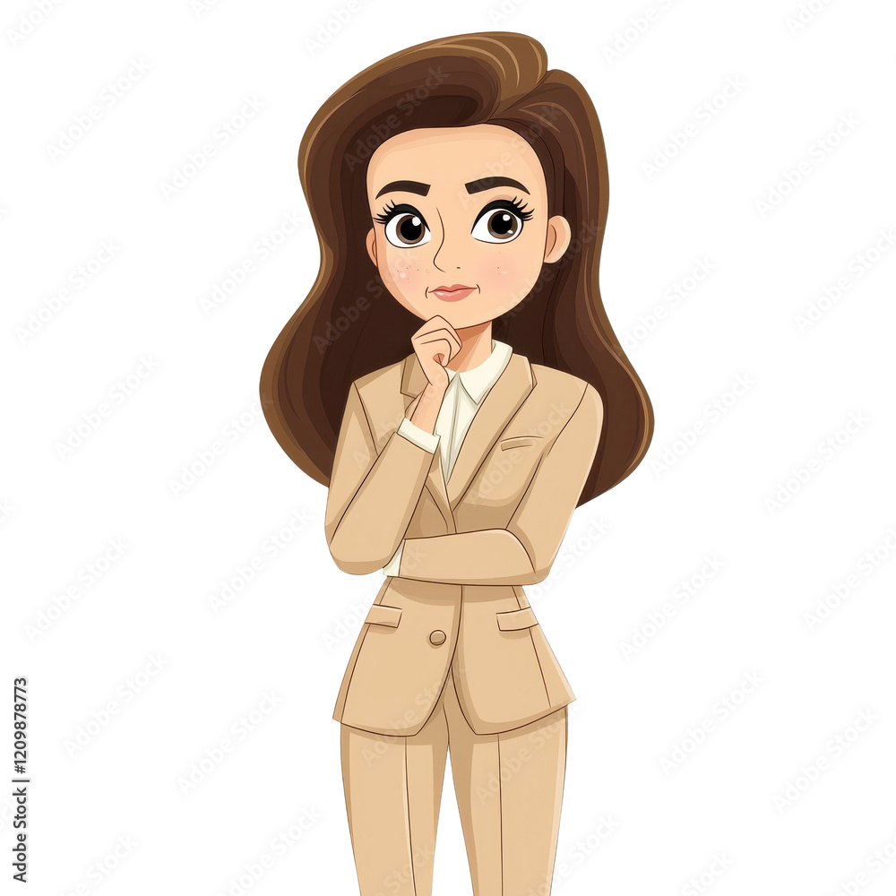 cartoon woman in beige suit, thoughtfully holding her chin, exudes confidence and professionalism cartoon woman in beige suit, thoughtfully holding her chin, exudes confidence and professionalism