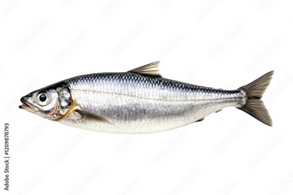 Fresh sardine fish with detailed scales and fins isolated on white transparent background, symbolizing canned seafood Fresh sardine fish with detailed scales and fins isolated on white transparent background, symbolizing canned seafood