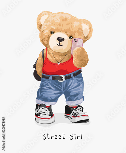 street girl slogan with cute girly bear doll in fashion style taking selfie vector illustration