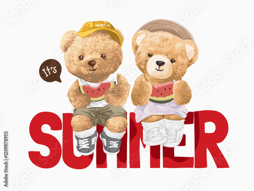 summer slogan with bear doll couple eating watermelon vector illustration