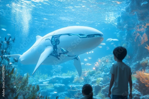 Children observe a robotic whale swimming gracefully in an underwater exhibit at an aquarium during daylight hours photo