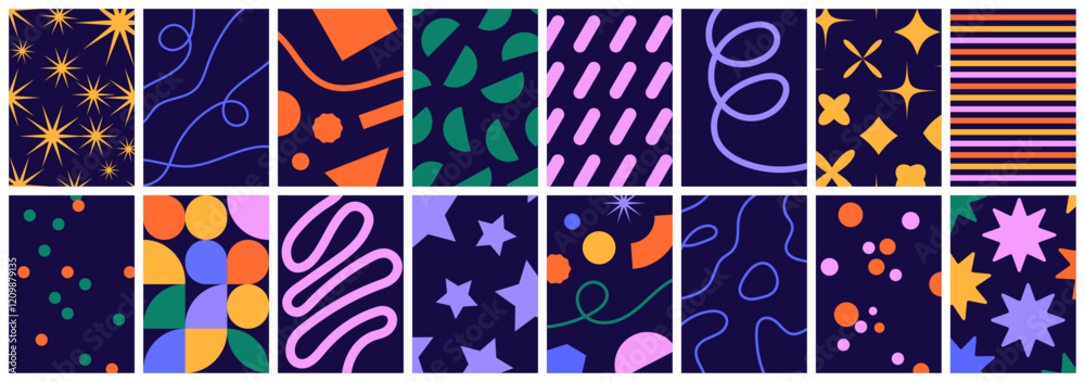 Set of seamless patterns with abstract geometric shapes and festive elements. Vector Illustration.