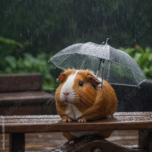 A guinea pig with an umbrella, sitting on a wooden bench during a light rain shower.