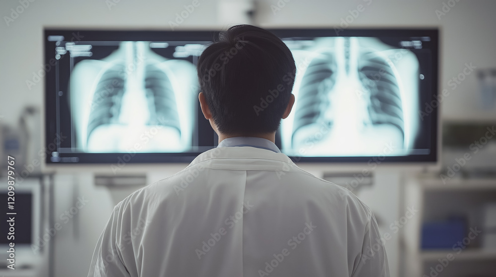 Rear view f doctor in a white medical coat and an epidemic mask, with a phonendoscope, looks at X-rays of the lungs. Soft fockus. Concept of viral diseases, epidemics with pneumonia.