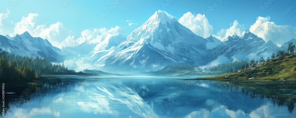 Fototapeta premium A serene mountain lake reflecting the snow-capped peaks that surround it, its waters crystal clear and inviting.