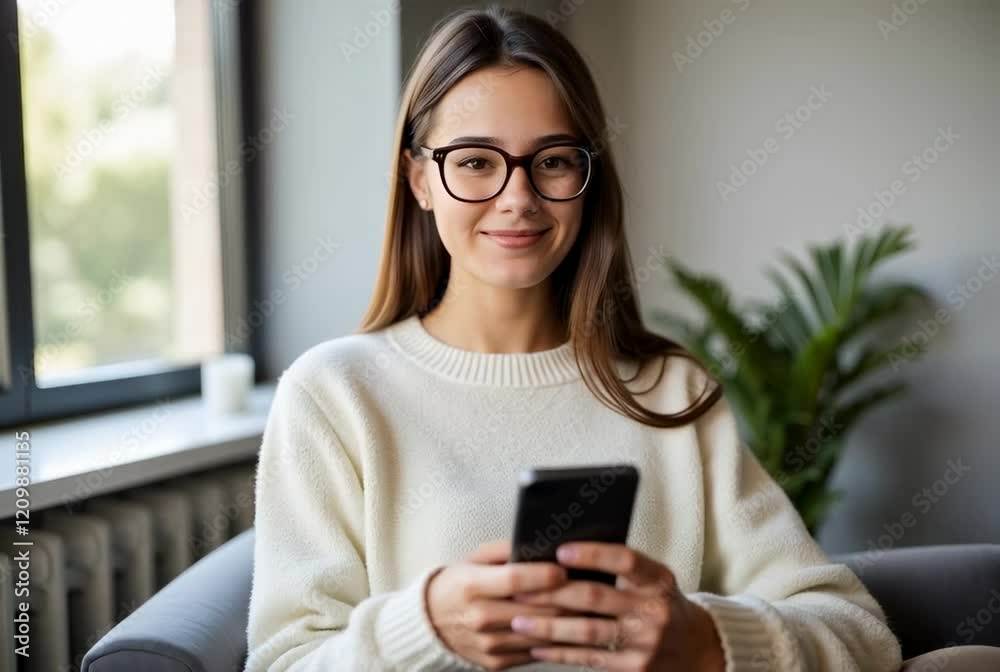 Young Woman Smiling While Using Smartphone in Cozy Modern Room with Natural Light, Relaxed Lifestyle, Technology and Happiness Concept Young Woman Smiling While Using Smartphone in Cozy Modern Room with Natural Light, Relaxed Lifestyle, Technology and Happiness Concept