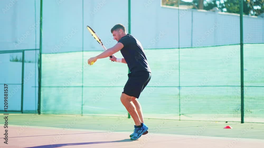 Man training tennis shots on court. Man training tennis shots on court.