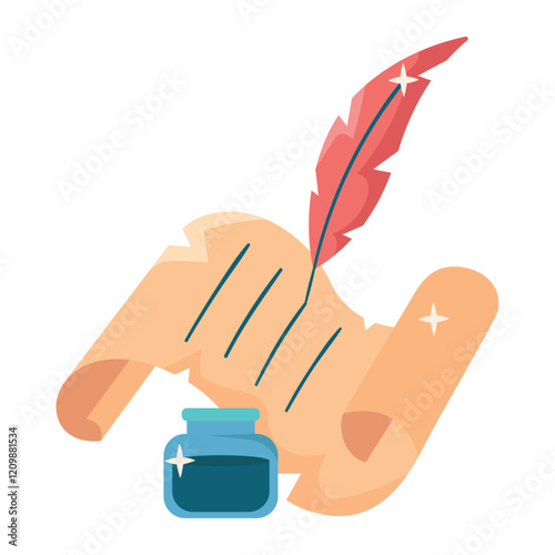 paper scroll and feather quill pen in ink bottle