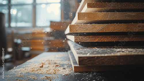 Stack of Smooth Hardwood Planks in a Bright Woodworking Shop Surrounded by Wood Shavings