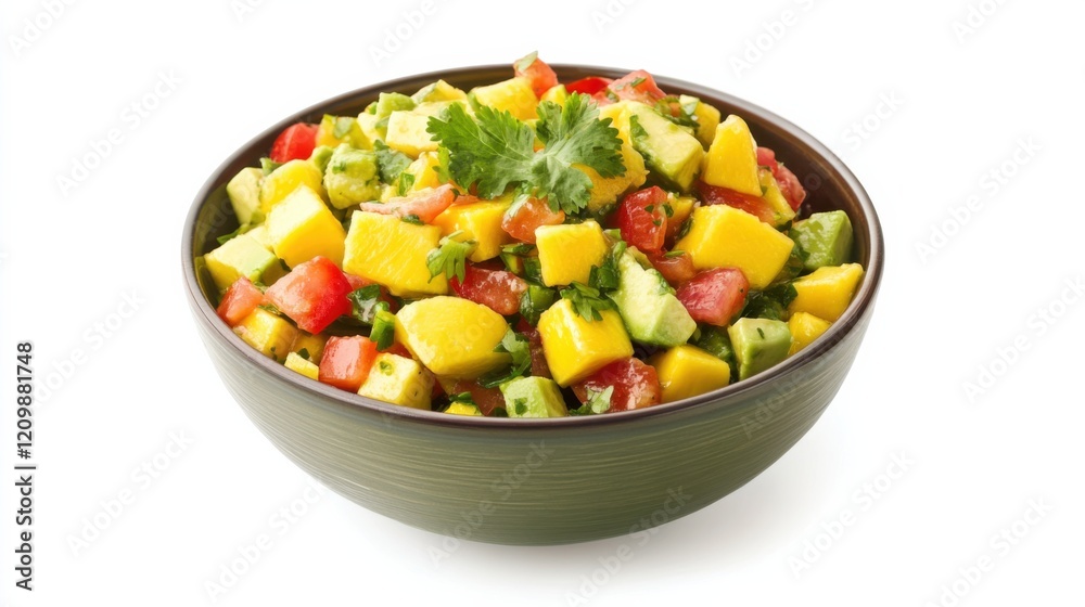 A colorful mango avocado salsa served in a festive bowl, Each diced mango and avocado piece vibrant and flavorful, Set against an isolated white background to showcase its tropical freshness A colorful mango avocado salsa served in a festive bowl, Each diced mango and avocado piece vibrant and flavorful, Set against an isolated white background to showcase its tropical freshness