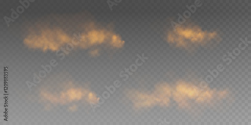 Fog or smoke, orange smog cloud on floor, isolated transparent special effect. Vector illustration, morning fog over land or water surface, magic haze.	