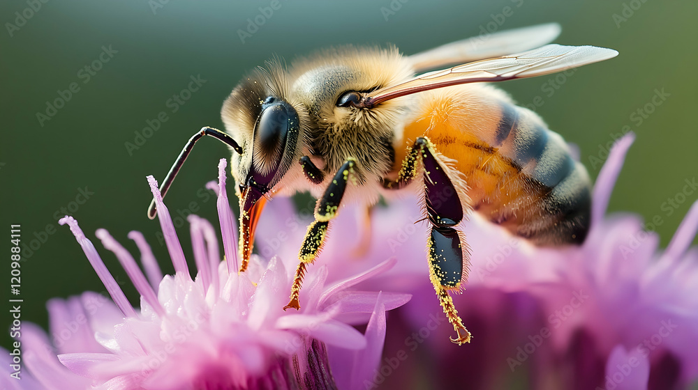 A honeybee landing on a purple bloom, its pollen-covered legs and fuzzy body highlighted under natural light A honeybee landing on a purple bloom, its pollen-covered legs and fuzzy body highlighted under natural light