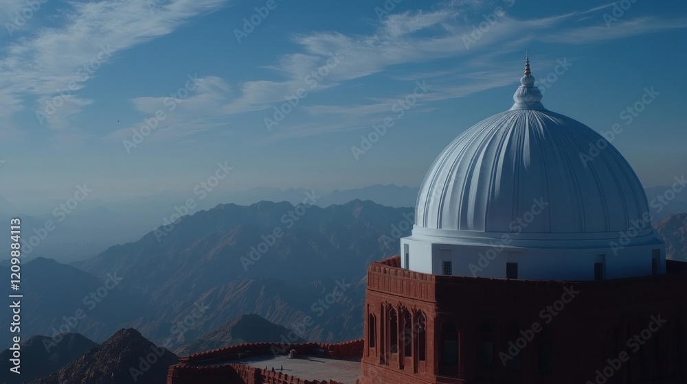 Obraz premium White dome atop red building overlooking hazy mountains.