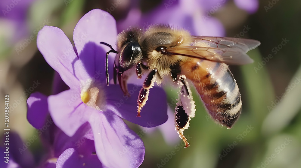 A honeybee landing on a purple bloom, its pollen-covered legs and fuzzy body highlighted under natural light