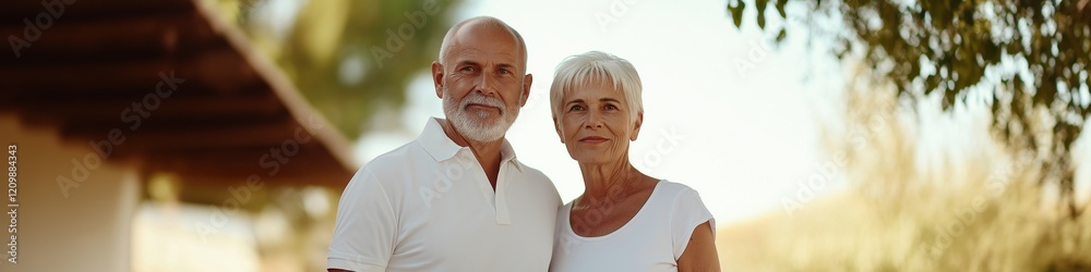 A couple of older people are smiling for the camera. The man is wearing a white shirt and the woman is wearing a white shirt A couple of older people are smiling for the camera. The man is wearing a white shirt and the woman is wearing a white shirt