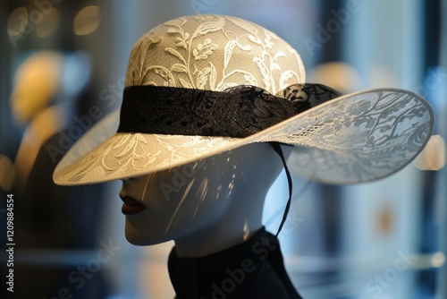 Close up of a mannequin showcasing a stylish wide brimmed lace hat with a black ribbon, creating a sophisticated and fashionable look photo