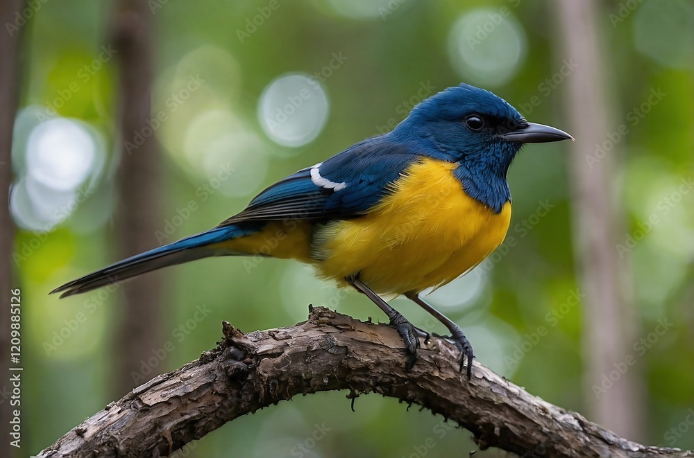 Photograph of a Vibrant Blue and Yellow Songbird Perched on a Branch in Its Tropical Habitat Photograph of a Vibrant Blue and Yellow Songbird Perched on a Branch in Its Tropical Habitat