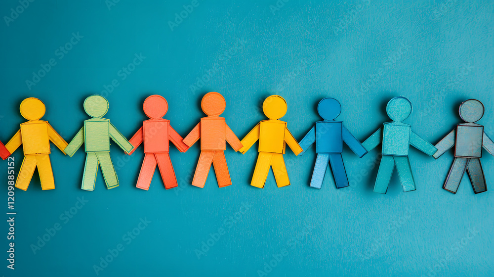 A chain of colorful paper cut out humans holding hands on a blue studio background. Row of diverse people help, family union connection A chain of colorful paper cut out humans holding hands on a blue studio background. Row of diverse people help, family union connection