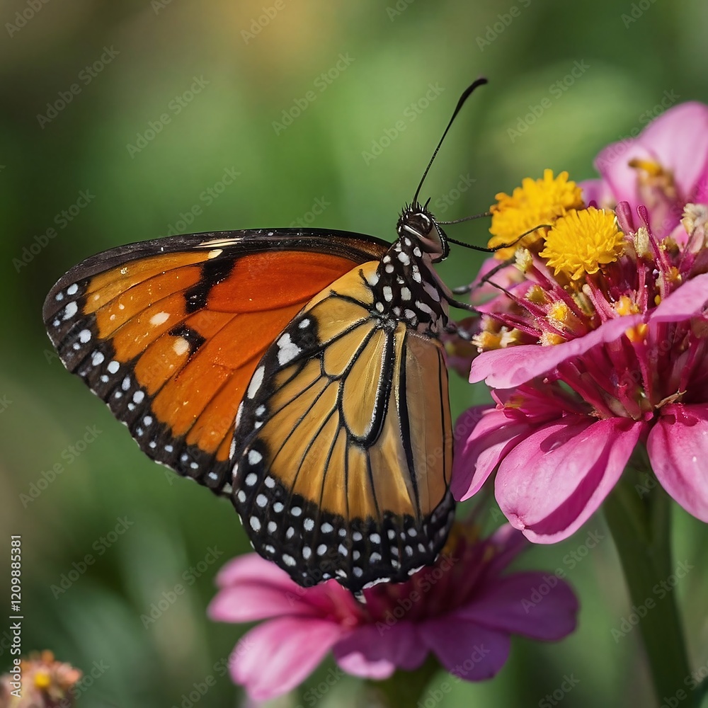 Fototapeta premium Monarch Butterfly on Pink Flower in Vibrant Garden Close Up